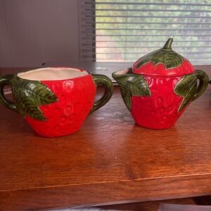 Vintage ceramic strawberry sugar & creamer dish, has one tiny chip, see photo
